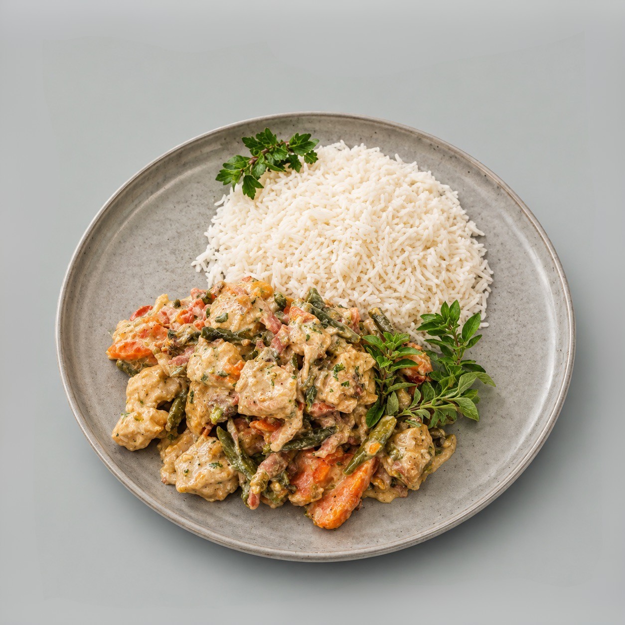 Chicken, bacon & mushroom creamy cider casserole, served with basmati rice